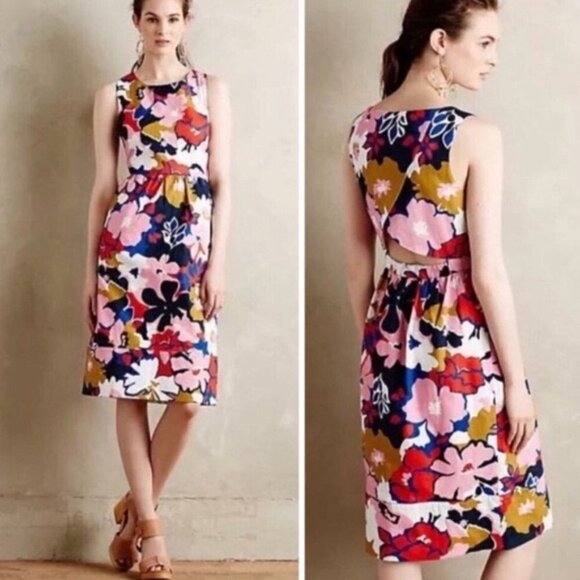Anthropologie Whit Two Petal Print Dress with pockets and back opening Sz 6 - Picture 3 of 10